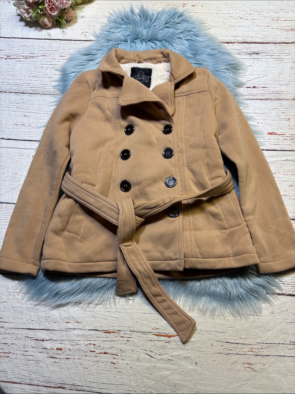 NWT Louise Paris Tan Belted Peacoat Jacket sz S
